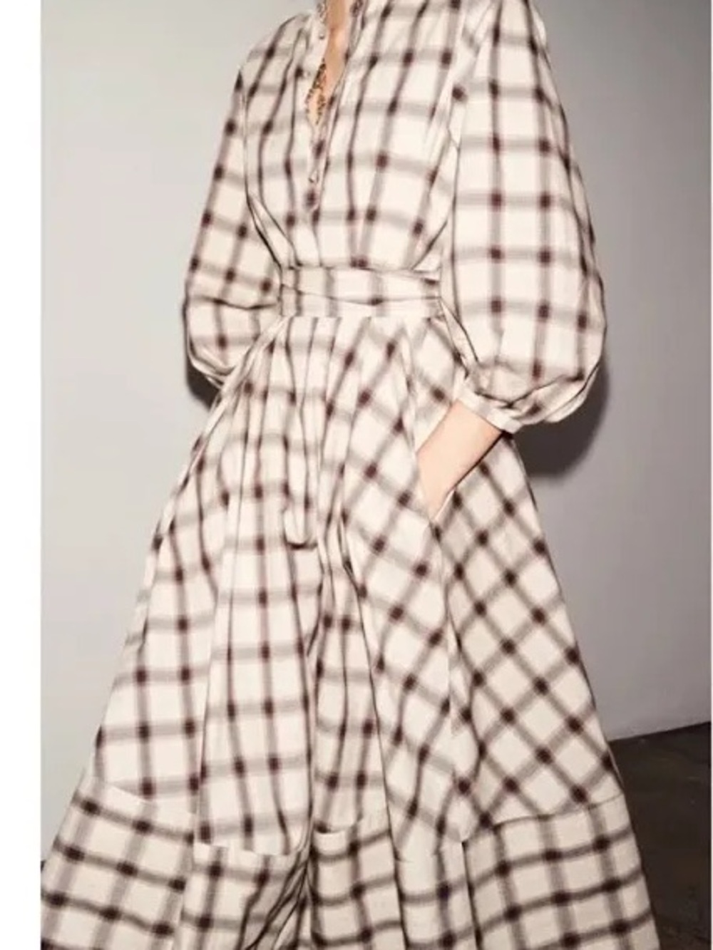 NWT. Zara Ivory and Brown Plaid Maxi Dress with Belt